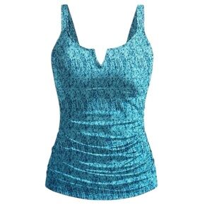 Dipinon Women Tankini Teal and Blue Graphic V Neck Adjustable Straps Ruching 2X 